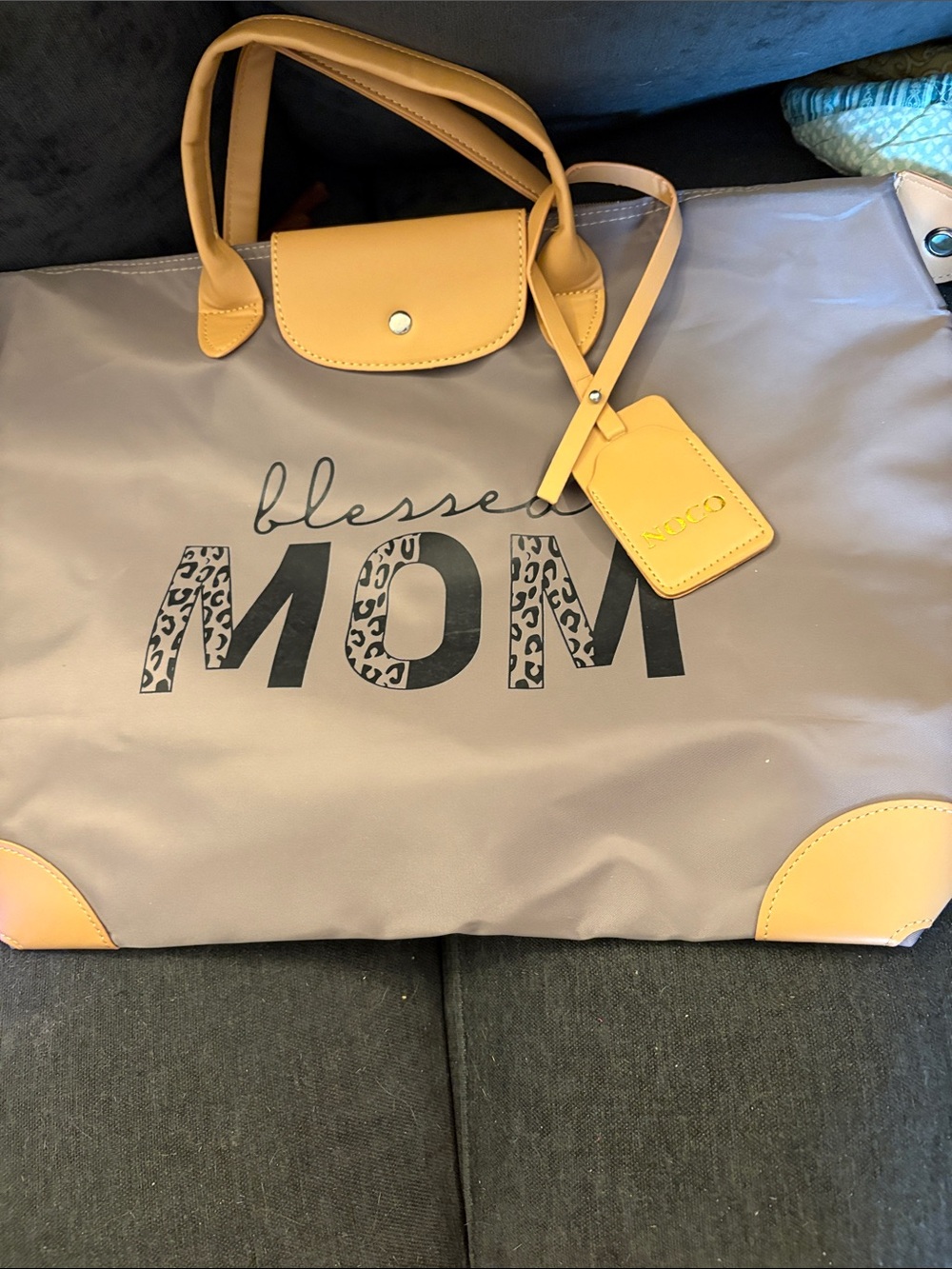 Blessed MOM Beige Tote with Tan Trim -
